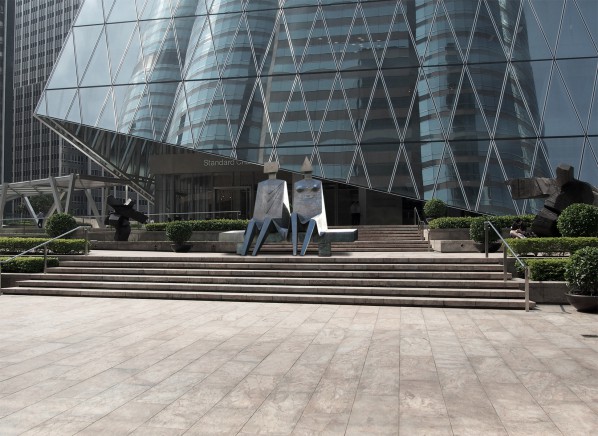 Lynn Chadwick, Sitting Couple, 1989; Rendering of the Forum, Hong Kong; Courtesy of the artist and McNamara Art Projects