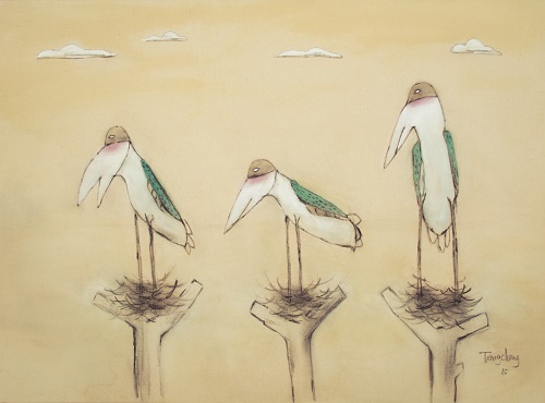 Tong Chong, Three Birds, 2015; Chinese Painting Pigment on Canvas, 53.5 x 72.5 cm