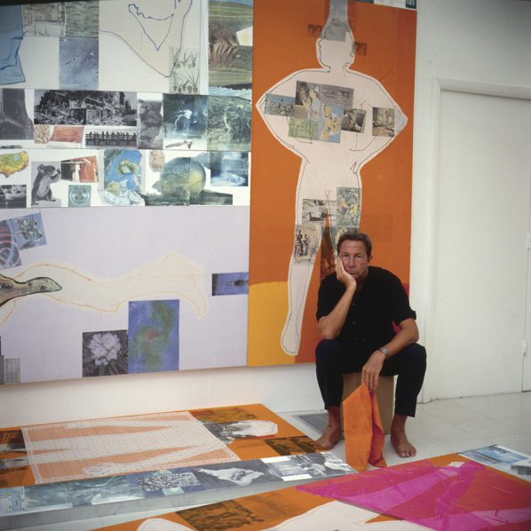 Rauschenberg working on The 14 Mile or 2 Furlong Piece (1981–98) in his studio, Captiva, Florida, ca. 1983;