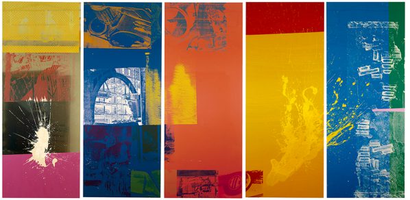 Robert Rauschenberg (1925–2008)The 1/4 Mile or 2 Furlong Piece1981–98Panels 116 to 120116: Silkscreened ink and acrylic on anodized mirrored aluminum117 to 120: Silkscreened ink and acrylic on enameled aluminum304.8 x 121.9 cm eachRobert Rauschenberg Foundation© 2016 Robert Rauschenberg Foundation Robert Rauschenberg (1925–2008)The 1/4 Mile or 2 Furlong Piece1981–98Panels 116 to 120116: Silkscreened ink and acrylic on anodized mirrored aluminum117 to 120: Silkscreened ink and acrylic on enameled aluminum304.8 x 121.9 cm eachRobert Rauschenberg Foundation© 2016 Robert Rauschenberg Foundation