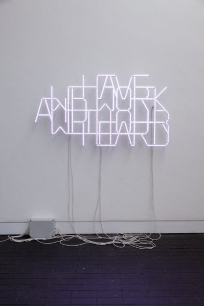 Revital Cohen & Tuur Van Balen, We Have To Work Hard and Work With Our Heart, 2014; Aluminum and electronics, 87x185x15cm