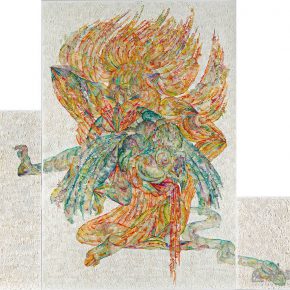 27 Wu Jian’an, The New Interpretation of Legend of the White Snake VI. Laser engraving on paper. Colored manually, immersed in wax, sewed with cotton thread on cloth. 350 x 310cm. 2015.