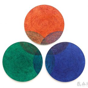 29 Wu Jian’an, Three Primary Colors. Colored wax painting on wood and stainless steel. 3 units, with each unit 150cm in diameter and 7cm thick. 2014