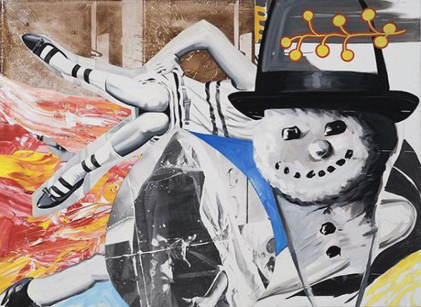 DAVID SALLE, Smoke Kools, 2014-2016; oil and acrylic with silkscreen and digital and transfer prints on canvas and linen, 170.2x233.7cm.