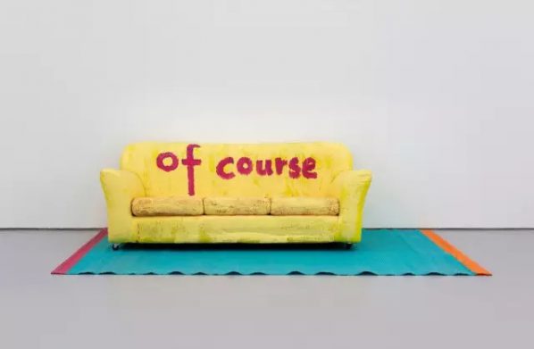 Tan Tian, Of course you can sit on it, 2016; water paint on sofa, carpet, 210x300x82cm