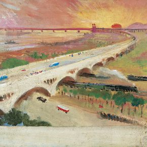 82-qin-xuanfu-the-bridge-and-red-sun-oil-on-board-34-x-45-cm-1981