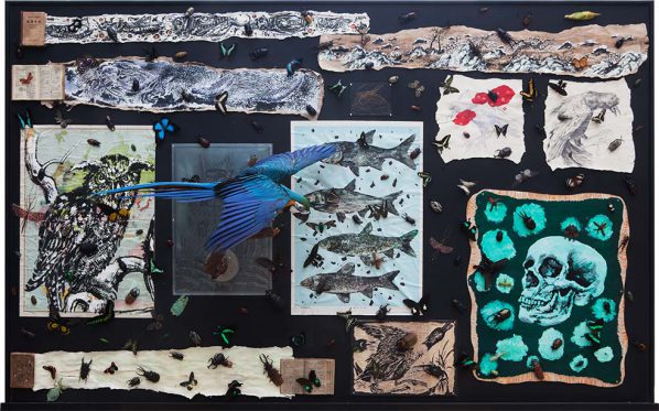 Sun Xun, Prediction of Obscure, Blackboard, specimens, copperplates, maps, woodcut, 260×162×10 cm, 2016; Image courtesy of Sun Xun and ShanghART Gallery Sun Xun, Prediction of Obscure, Blackboard, specimens, copperplates, maps, woodcut, 260×162×10 cm, 2016; Image courtesy of Sun Xun and ShanghART Gallery