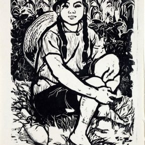 02 Tan Quanshu, Summer, 53 × 30 cm, black and white woodcut, pear wooden plate, 1963