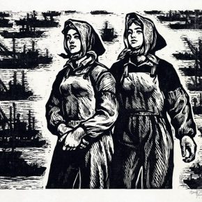 14 Tan Quanshu, Go to the Sea, 46 x 36 cm, black and white woodcut, five-layer plywood, 1980