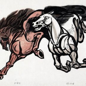 27 Tan Quanshu, Red Mane Horse, 46 x 66 cm, chromatography woodcut, five-layer plywood, 1987