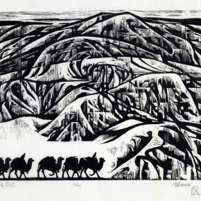 28 Tan Quanshu, The Vast Silk Road, 60 x 46 cm, black and white woodcut, five-layer plywood, 1993