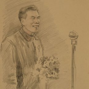 27 Wu Biduan, CAFA invited Datong Coal Mining model Ma Liuhaier to come to the auditorium of the academy and gave a speech, 27 × 20 cm, sketch on paper, 1952, private collection of Wu Biduan