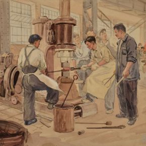 32 Wu Biduan, Teaching the Apprentices to Forge Devices, 29 x 30 cm, watercolor on paper, 1952, private collection of Wu Biduan