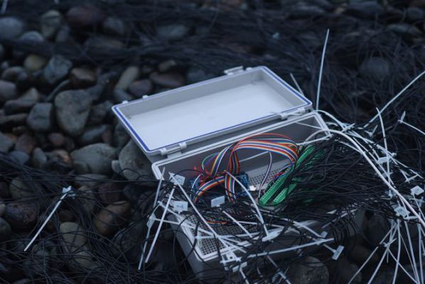 “Stone”, water sensors, micro controller, solenoids, computer, projector, speakers and wooden panels, 2017.