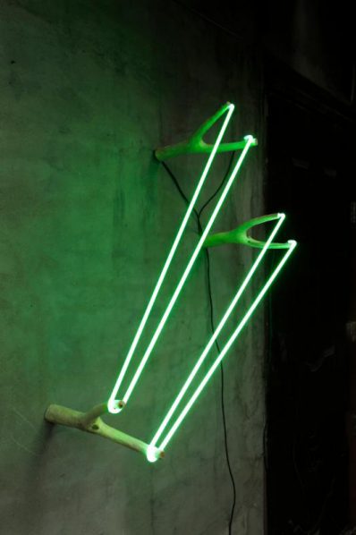 Zhou Wendou, Three Catapults, 2017. Wood, neon light, transformer, 74 x 40 x 30 cm