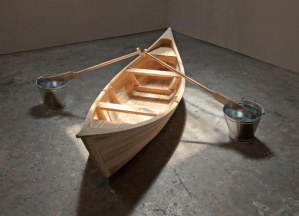 Zhou Wendou, Two Buckets Plan, 2017. Wood, water, galvanized metal buckets, 300 x 300 x 70 cm