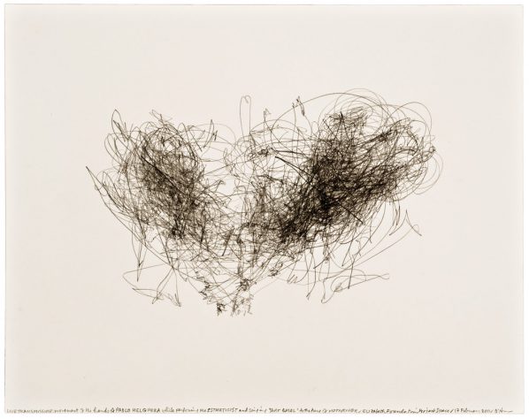 Morgan O’Hara, LIVE TRANSMISSION: movement of the hands of PABLO HELGUERA while performing The Estheticist and singing Art Basel to the tune of Moonriver / Elizabeth Foundation for the Arts Project Space / 17 February 2011, 11 x 14 in., Graphite on paper ?2017 Morgan O’Hara, Courtesy Fou Gallery