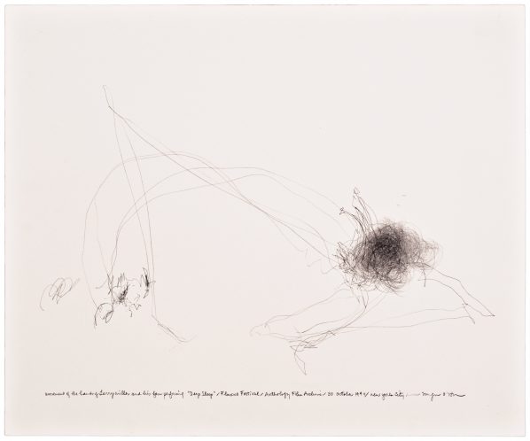 Morgan O’Hara, LIVE TRANSMISSION: movement of the hands of LARRY MILLER and his fan performing Deep Sleep / Fluxus Festival / Anthology Film Archives / 30 October 1994 / New York City, 14 x 17 in., Graphite on paper ?2017 Morgan O’Hara, Courtesy Fou Gallery