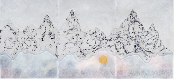 The Mountains 'The Wait', 111.8 x 228.6 cm (triptych), Gouache, Watercolour, ink and Collage on Paper, 2017