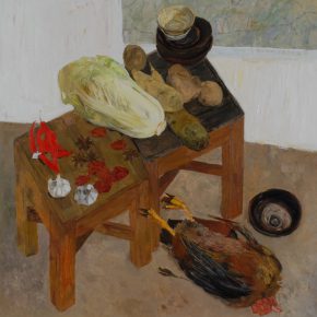 08 Dai Shihe, Mao Zedong’s Small Table at Yangjialing Cave in Yan’an, oil on canvas, 120 x 120 cm, 2009