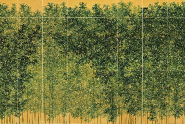 Koon Wai Bong, Luxuriant Greenery, 2014; Color on gold cardboard, 280x600cm (polyptych of 96 panels)