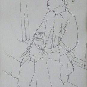 23 Tian Shixin, A Child Sitting in Front of a Door, pen on paper, 20 × 29 cm, 1984