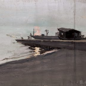 49 Tian Shixin, Sketching of Jin River in Tongren, oil on canvas, 39 × 46 cm, 1981