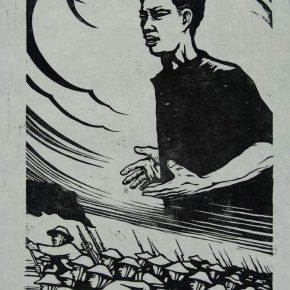 35 Wang Qi, Battle of Vietnam No.5 Going Ahead Under the Inspiration of the Martyr’s Spirit, black and white woodcut, 40 × 26 cm, 1963, in the collection of CAFA Art Museum