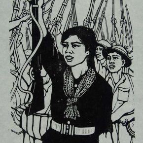 39 Wang Qi, Battle of Vietnam No.2 Responding to the Call of the Motherland, black and white woodcut, 39.5 × 27 cm, 1963, in the collection of CAFA Art Museum