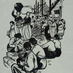 40 Wang Qi, Yanbian’s Market No.1, black and white woodcut, 39.3 × 25.5 cm, 1963, in the collection of CAFA Art Museum