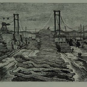41 Wang Qi, Wood Yard, black and white woodcut, 41.2 × 55.2 cm, 1963, in the collection of CAFA Art Museum