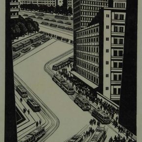 70 Wang Qi, Being Accessible from All Directions, black and white woodcut, 48 x 35 cm, 1985, in the collection of CAFA Art Museum