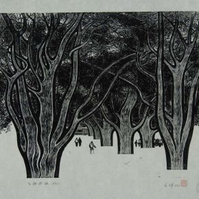 71 Wang Qi, Forest of Ancient Cypresses, black and white woodcut, 26.7 × 31.4 cm, 1985, in the collection of CAFA Art Museum