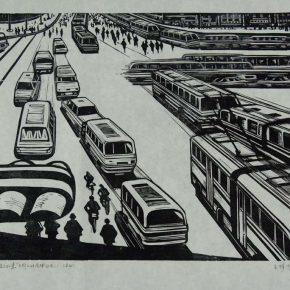 76 Wang Qi, Melody on the Street Hustle and Flow, 27 x 40 cm, black and white woodcut, 1987, in the collection of CAFA Art Museum