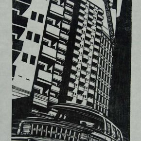 77 Wang Qi, Ten Thousand Specious Buildings, black and white woodcut, 38.9 × 24.7 cm, 1987, in the collection of CAFA Art Museum