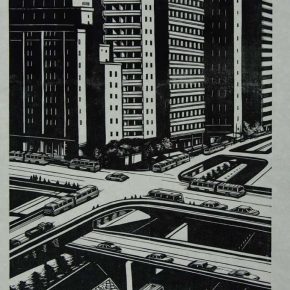 78 Wang Qi, Melody on the Street Grade Separation, black and white woodcut, 40 x 27 cm, 1987, in the collection of CAFA Art Museum