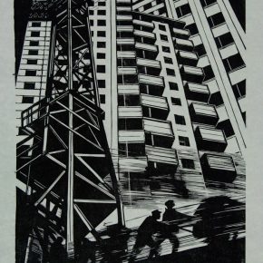 79 Wang Qi, Building High-Rises, 40 x 27 cm, black and white woodcut, 1987, in the collection of CAFA Art Museum