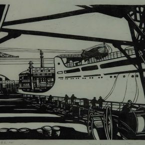 80 Wang Qi, Scenery of a Dock, black and white woodcut, 39.4 × 54 cm, 1987, in the collection of CAFA Art Museum