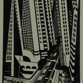 81 Wang Qi, Urban Symphony, 48 x 35 cm, black and white woodcut, 1987, in the collection of CAFA Art Museum