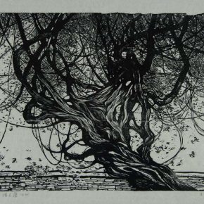 85 Wang Qi, The Wall with Old Vines, black and white woodcut, 27 x 40 cm, 1988, in the collection of CAFA Art Museum