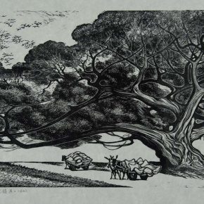 86 Wang Qi, Road with An Ancient Ficus, black and white woodcut, 27 × 40 cm, 1988, in the collection of CAFA Art Museum