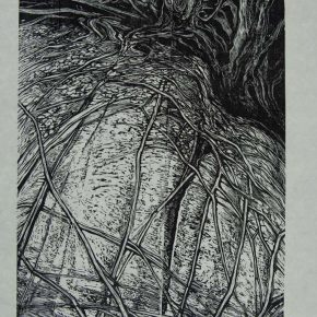 88 Wang Qi, The Vines Around the Big Stone, black and white woodcut, 41 × 27 cm, 1988, in the collection of CAFA Art Museum