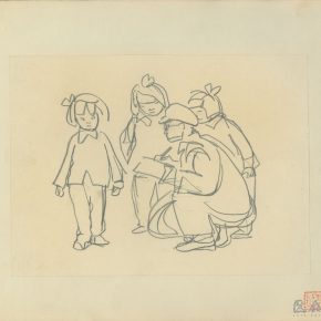 02 Ye Qianyu, Three Little Girls and a Painter, pencil on paper, 17.4 × 23.7 cm, 1958