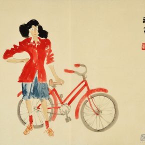 12 Ye Qianyu, A Red Girl Holding a Bike, ink and color on paper, 45 × 33 cm, in the late 1940s
