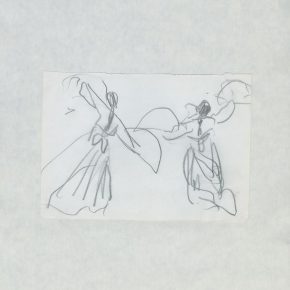 13 Ye Qianyu, Korean Dance for Two People with Fans, pencil on paper, 12.5 × 17.5 cm, 1977