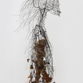 Fu Xiaotong, Father, 2017; Iron, wood, hemp rope, newspaper, clay, 33x30x190cm