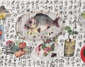 06 Li Jin, Northern Baichuan Food, ink and color on paper, 230 x 53 cm, 2018