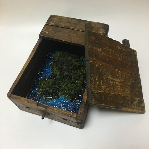 Hu Jing, The Room No.2, old money box, resin, grass powder, 18x28x10cm, 2018 