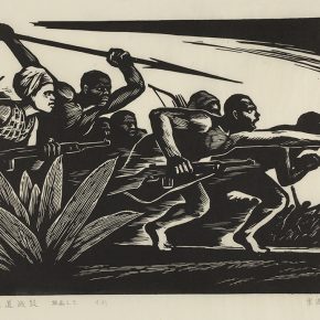 11 Song Yuanwen, Equatorial Drum Series No. 3, 1965; black and white woodcut, 51×38cm