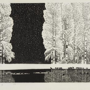 13 Song Yuanwen, Snow on the Spring River, 1998; black and white woodcut, 44.5×69.5cm